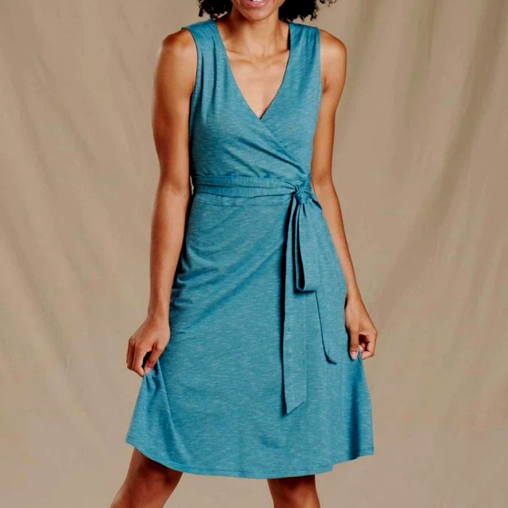 Toad&Co Teal Sleeveless Wrap Dress with Tie Waist